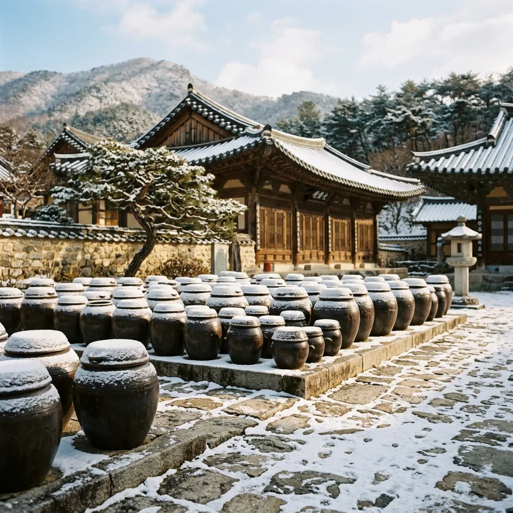 눈 덮인 한국 사찰의 장독대